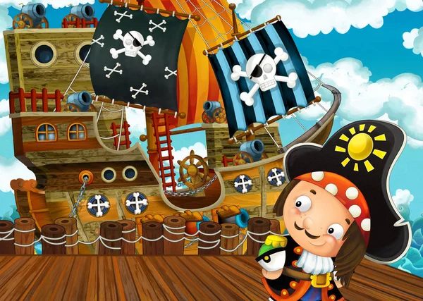 Cartoon Scène Met Piraat Zeilen Schip Docking Illustratie Voor Kinderen — Stockfoto