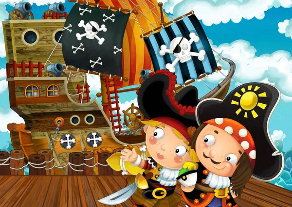 Cartoon Scene Pirate Sailing Ship Docking Illustration Children — Stock Photo, Image