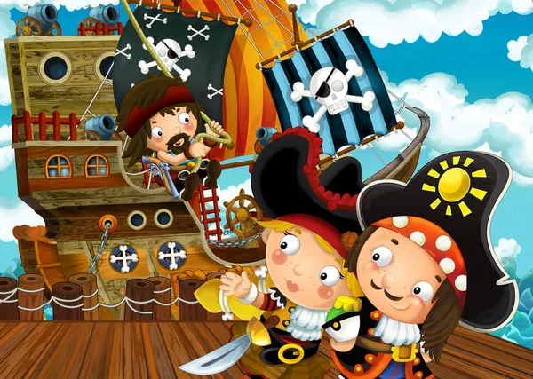 Scena Dei Cartoni Animati Con Attracco Navi Vela Pirata Illustrazione — Foto Stock