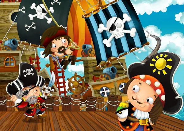 cartoon scene with pirate sailing ship docking - illustration for children