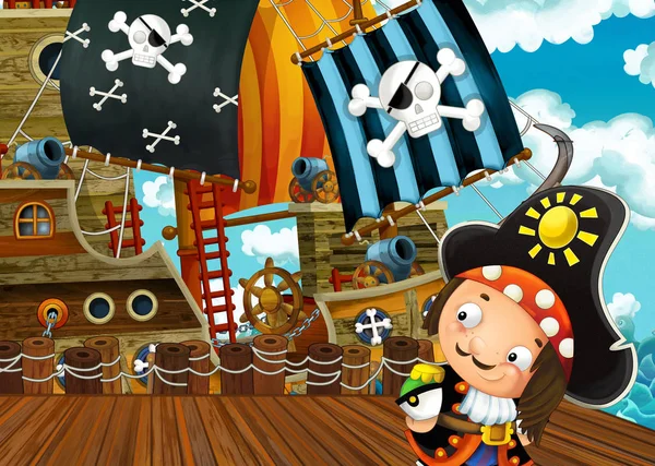 Cartoon Scene Pirate Sailing Ship Docking Illustration Children — Stock Photo, Image