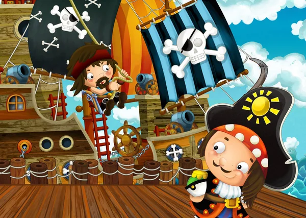 Cartoon Scène Met Piraat Zeilen Schip Docking Illustratie Voor Kinderen — Stockfoto