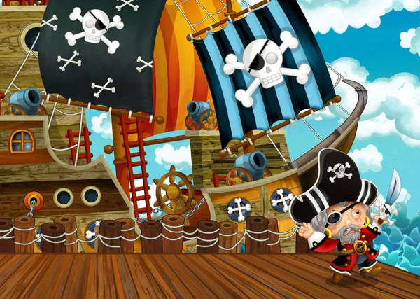 cartoon scene with pirate sailing ship docking - illustration for children