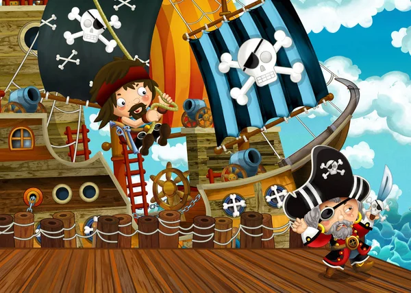 Scena Dei Cartoni Animati Con Attracco Navi Vela Pirata Illustrazione — Foto Stock