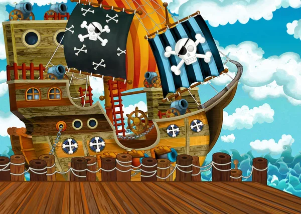 Cartoon Scène Met Piraat Zeilen Schip Docking Illustratie Voor Kinderen — Stockfoto