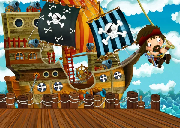 Escena Dibujos Animados Con Atraque Barco Vela Pirata Ilustración Para — Foto de Stock