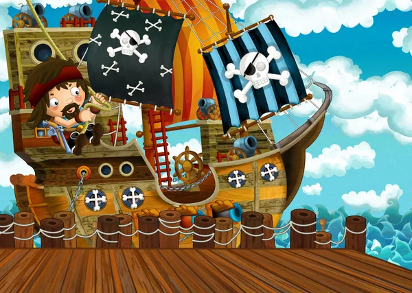 Cartoon Scene Pirate Sailing Ship Docking Illustration Children — Stock Photo, Image