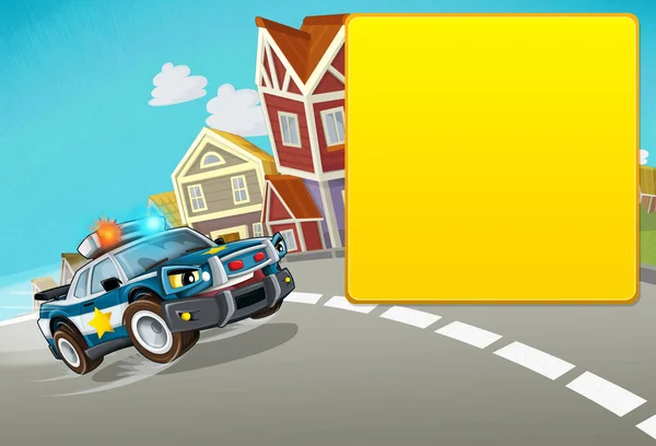cartoon police chase through the city with title frame space for text - illustration for children