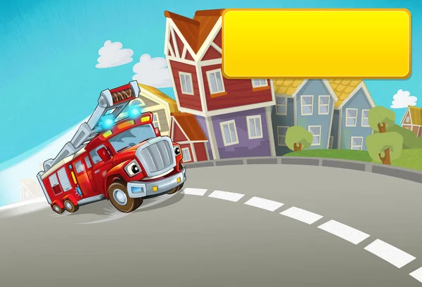 Cartoon Brandweer Rijden Door Stad Met Titel Frame Ruimte Voor — Stockfoto