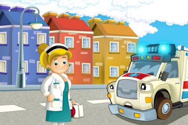 bayan doktor ve araba mutlu ambulans ile şehirde karikatür sahne - çocuklar için illüstrasyon
