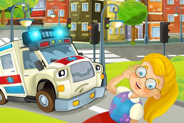 Cartoon Scene City Happy Ambulance Driving City Fainting Woman Illustration — Stock Photo, Image