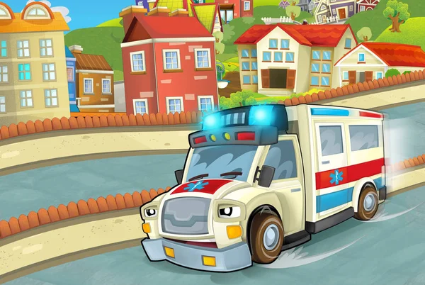 cartoon scene in the city with happy ambulance driving through the city - illustration for children