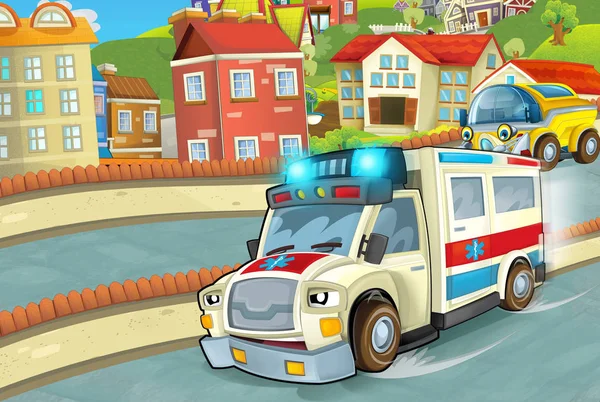 Cartoon Szene Der Stadt Mit Fröhlichem Krankenwagen Der Durch Die — Stockfoto