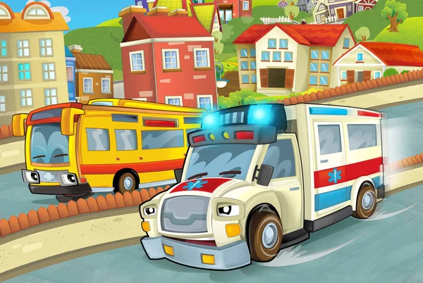 Scène Dessin Animé Dans Ville Avec Une Ambulance Heureuse Traversant — Photo