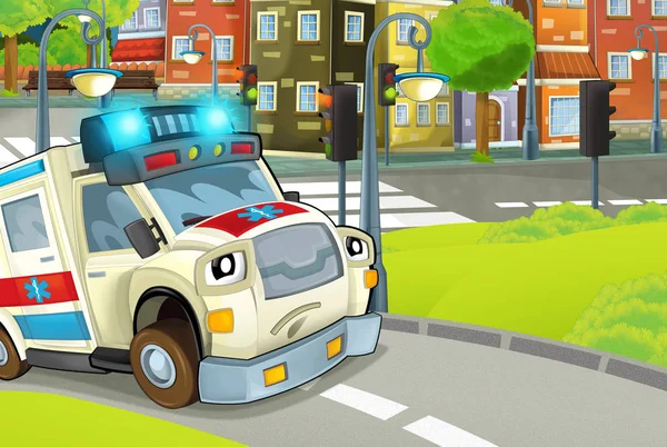 cartoon scene in the city with ambulance driving through the city - illustration for children