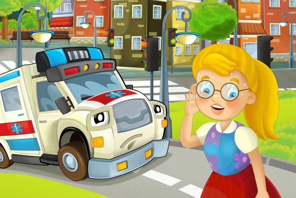 Tecknad Scen Staden Med Happy Ambulans Körning Genom Staden Till — Stockfoto