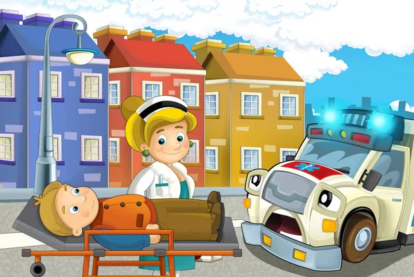 Cartoon Scene City Lady Doctor Car Happy Ambulance Man Injured — Stock Photo, Image