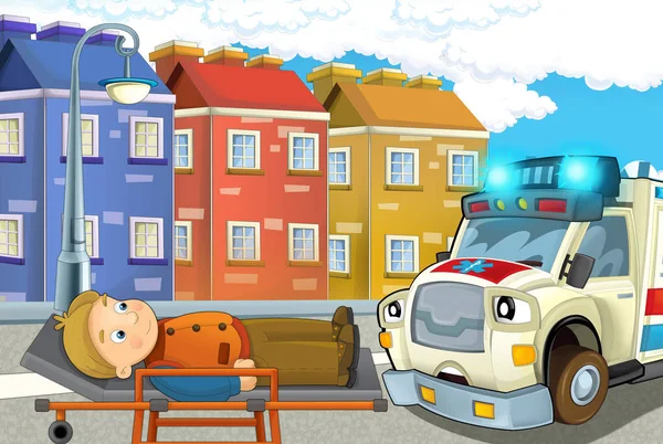 卡通场景在城市与汽车快乐救护车和男子受伤担架 插图为儿童 — 图库照片