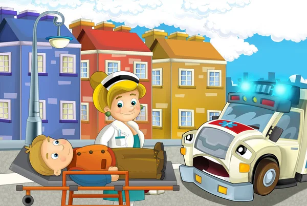 女性医師と車幸せ救急車ストレッチャーは 子供のための図に負傷した男と市の漫画シーン — ストック写真