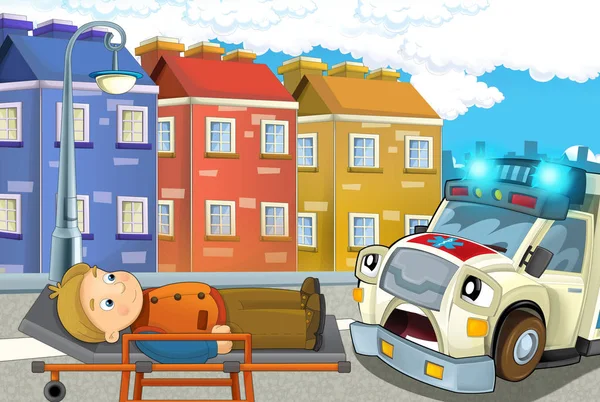 Cartoon Scene City Car Happy Ambulance Man Injured Stretcher Illustration — Stock Photo, Image