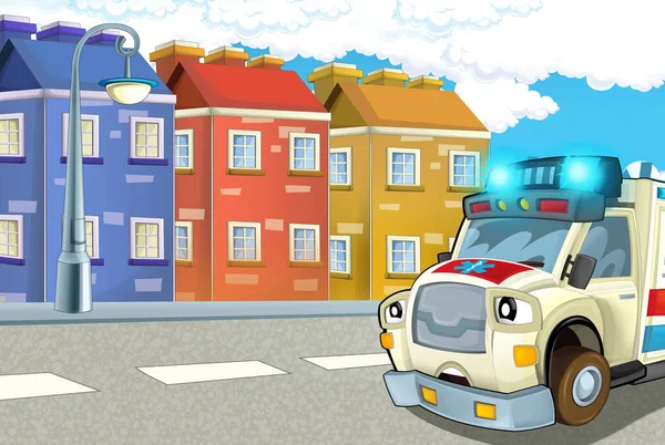 cartoon scene in the city with ambulance driving through the city - illustration for children