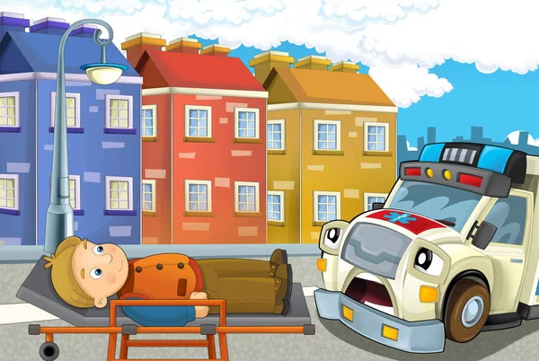 Scena Del Cartone Animato Città Con Auto Felice Ambulanza Uomo — Foto Stock