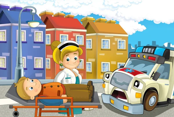 Cartoon Scene City Lady Doctor Car Happy Ambulance Man Injured — Stock Photo, Image