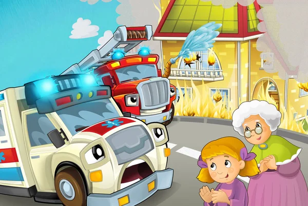 卡通场景在城市与救护车开车通过城市火灾事故 以帮助与消防队的人 插图为儿童 — 图库照片
