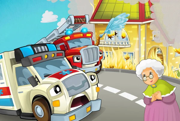 cartoon scene in the city with ambulance driving through the city to fire accident to help people with fire brigade - illustration for children