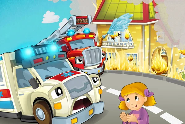 Cartoon Scène Stad Met Ambulance Rijden Door Stad Naar Brand — Stockfoto