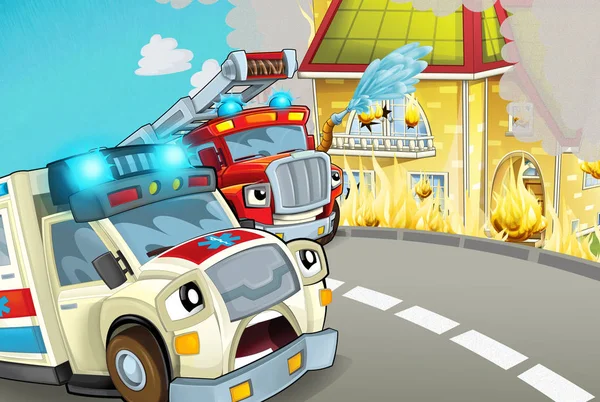 消防隊の人々を助けるために事故を火災に市内を運転する救急車と市内の漫画のシーン 子供のためのイラスト — ストック写真