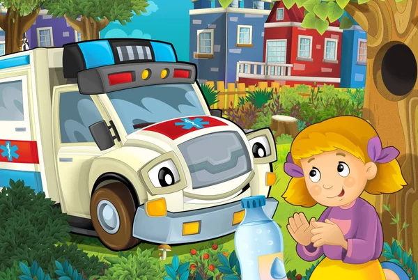 卡通场景在城市与救护车开车通过城市火灾事故 以帮助儿童在公园 插图为儿童 — 图库照片