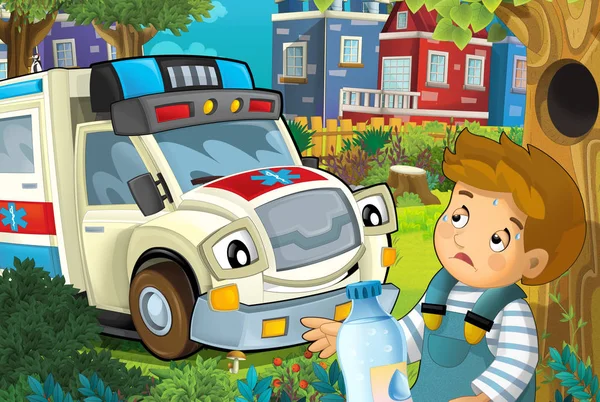 Cartoon Scene City Ambulance Driving City Fire Accident Help Child — Stock Photo, Image