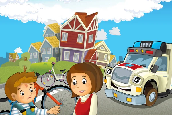 Kreskówka Scena Dziećmi Wypadek Rowerze Pogotowia Może Pomóc Ilustracja Dla — Zdjęcie stockowe