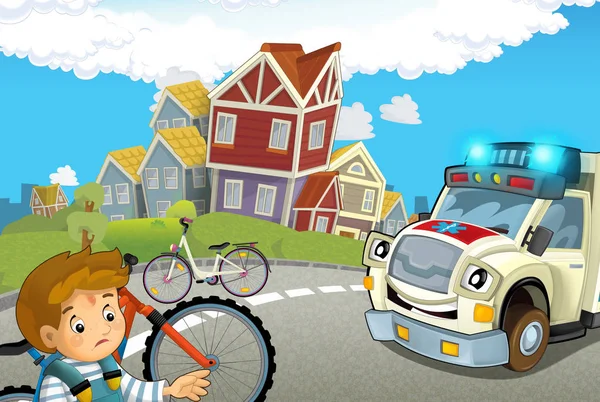 cartoon scene with kid after bicycle accident and ambulance coming to help - illustration for children