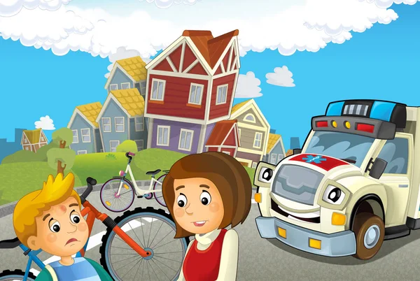 cartoon scene with kids after bicycle accident and ambulance coming to help - illustration for children