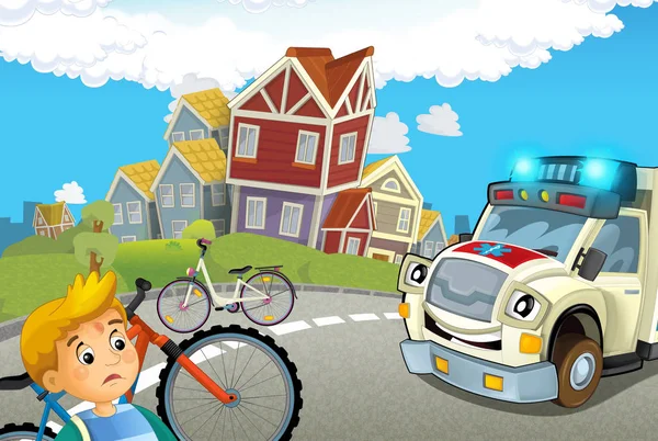 Cartoon Scene Kid Bicycle Accident Ambulance Coming Help Illustration Children — Stock Photo, Image