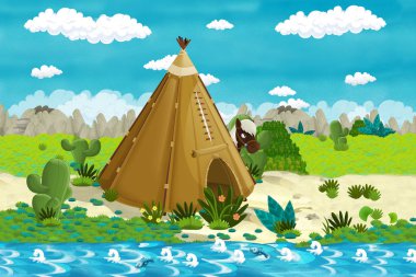 nehir ve at yakınındaki Amerikan hint köyü ile karikatür sahne - çocuklar için illüstrasyon