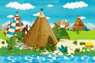 nehir ve at yakınındaki Amerikan hint köyü ile karikatür sahne - çocuklar için illüstrasyon