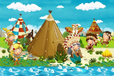 karikatür hint şefi tee pee yakın ateşin yanında oturuyor ve dans savaşçılar bakıyor - çocuklar için illüstrasyon