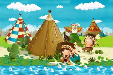 Çizgi Film Hint karakteri onun tee pee vahşi doğada - illüstrasyon çocuklar için yakın