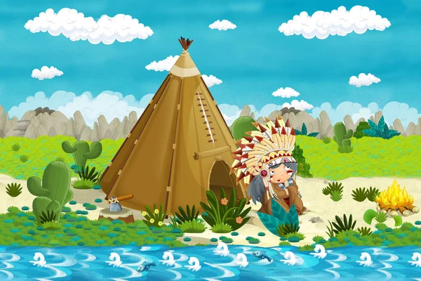 Cartoon indian chief character near his tee pee in the wilderness - illustration for children