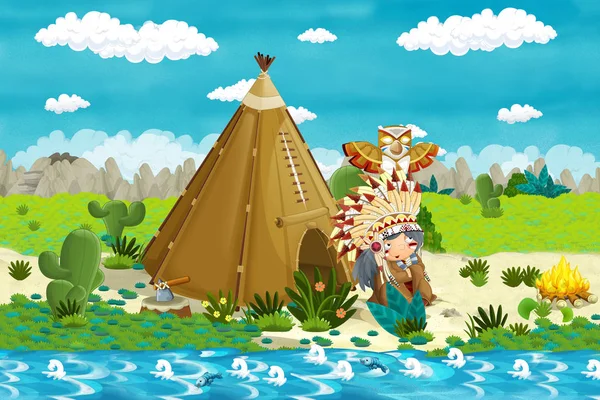 Cartoon indian chief character near his tee pee in the wilderness - illustration for children