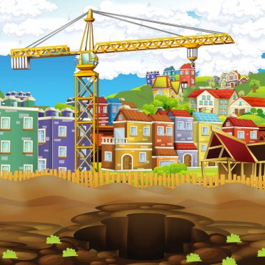 İnşaat alanında farklı kullanım gösterim amacıyla çocuklar için çizgi film sahne