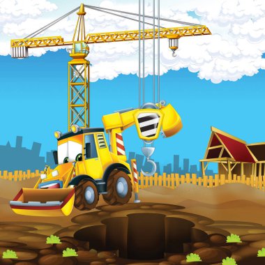 şantiyede kazıcı ile karikatür sahnesi - çocuklar için illüstrasyon