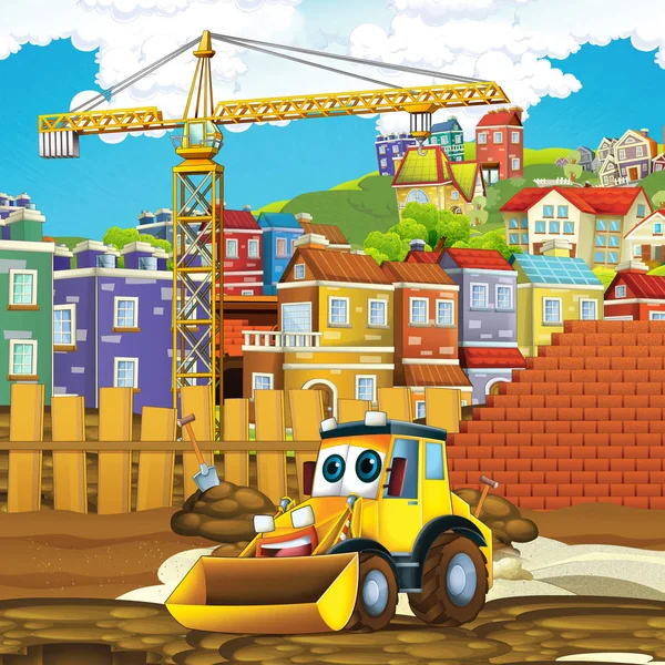 cartoon scene with digger on construction site - illustration for the children