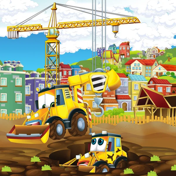 Cena Dos Desenhos Animados Com Escavadores Local Construção Pai Filho — Fotografia de Stock