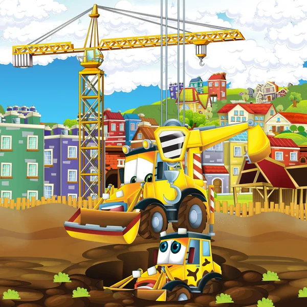 cartoon scene with diggers on construction site father and son - illustration for the children