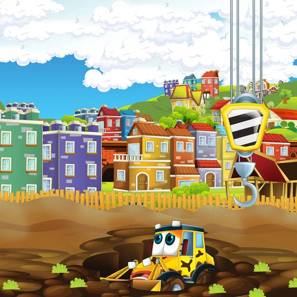 建筑工地上带挖土机的卡通场景 儿童插图 — 图库照片