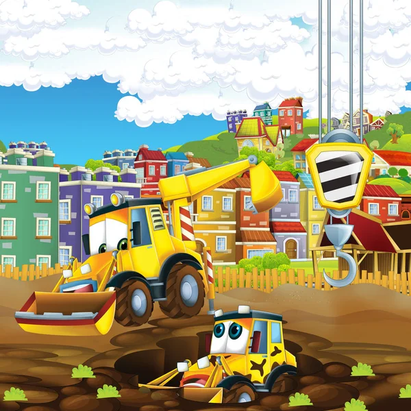 Cartoon Scène Met Diggers Bouwplaats Vader Zoon Illustratie Voor Kinderen — Stockfoto